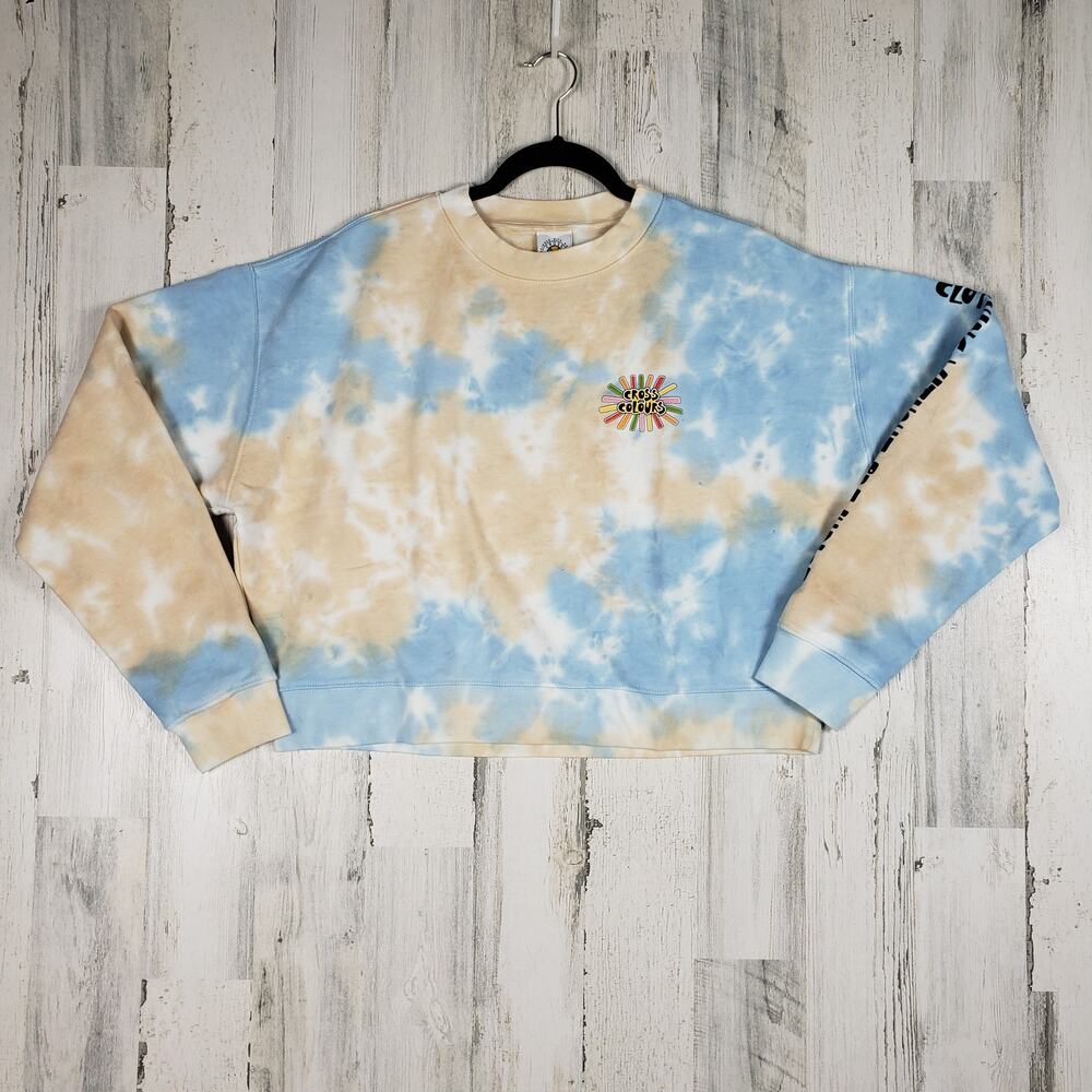 NWT Cross Colours Nordstrom Sunshine Logo Tie Dye Cloud Crop Sweatshirt Size XL